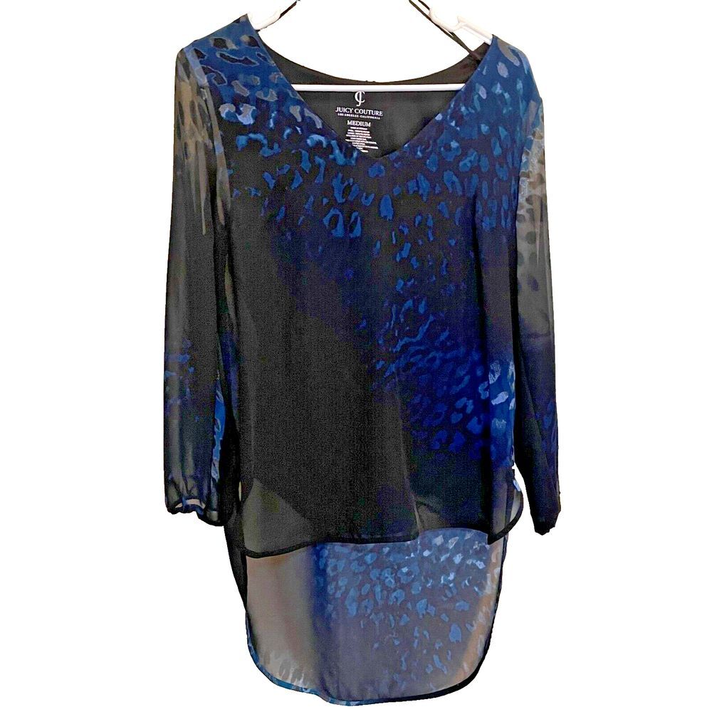 Juicy Couture Hi/Low Hem Long Sleeve Blue‎ Black Leopard Print Chiffon Top Sz M